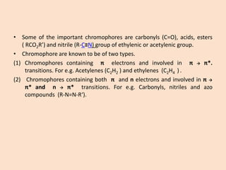 •Someoftheimportantchromophoresarecarbonyls(C=O),acids,esters(RCO2R’)andnitrile(R-C≡N)groupofethylenicoracetylenicgroup. 
•Chromophoreareknowntobeoftwotypes. 
(1)Chromophorescontainingπelectronsandinvolvedinππ*. transitions.Fore.g.Acetylenes(C2H2)andethylenes(C2H4). 
(2)Chromophorescontainingbothπandnelectronsandinvolvedinπ π*andnπ*transitions.Fore.g.Carbonyls,nitrilesandazocompounds(R-N=N-R‘).  