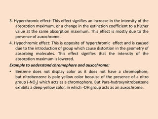 3.Hyperchromiceffect:Thiseffectsignifiesanincreaseintheintensityoftheabsorptionmaximum,orachangeintheextinctioncoefficienttoahighervalueatthesameabsorptionmaximum.Thiseffectismostlyduetothepresenceofauxochrome. 
4.Hypochromiceffect:Thisisoppositeofhyperchromiceffectandiscausedduetotheintroductionofgroupwhichcausedistortioninthegeometryofabsorbingmolecules.Thiseffectsignifiesthattheintensityoftheabsorptionmaximumislowered. 
Exampletounderstandchromophoreandauxochrome: 
•Benzenedoesnotdisplaycolorasitdoesnothaveachromophore; butnitrobenzeneispaleyellowcolorbecauseofthepresenceofanitrogroup(-NO2)whichactsasachromophore.ButPara-hydroxynitrobenzeneexhibitsadeepyellowcolor,inwhich-OHgroupactsasanauxochrome.  