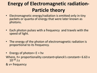 Energy of Electromagnetic radiation- Particle theory 
•Electromagnetic energy/radiation is emitted only in tiny packets or quanta of energy that were later known as photons. 
•Each photon pulses with a frequency and travels with the speed of light. 
•The energy of the photon of electromagnetic radiation is proportional to its frequency. 
•Energy of photon= E = hv 
Where, h= proportionality constant=planck’sconstant= 6.63 x 10-34J.s 
& v= frequency  