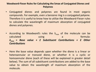 Woodward-Fieser Rules for Calculating the λmax of Conjugated Dienes and Polyenes 
•Conjugateddienesandpolyenesarefoundinmostorganiccompounds.Forexample,evenabenzeneringisaconjugatedpolyene. ThereforeitisusefultoknowhowtoutilizetheWoodward-Fieserrulestocalculatethewavelengthofmaximumabsorptionofconjugateddienesandpolyenes. 
•AccordingtoWoodward’srulestheλmaxofthemoleculecanbecalculatedusingaformula: λmax=Basevalue+ΣSubstituentContributions+ΣOtherContributions 
•Herethebasevaluedependsuponwhetherthedieneisalinearorheteroannularortransoiddiene,orwhetheritisacyclicorhomoannulardiene(eachofthesewillbeexplainedingreaterdetailbelow).Thesumofallsubstituentcontributionsareaddedtothebasevaluetoobtainthewavelengthofmaximumabsorptionofthemolecule.  