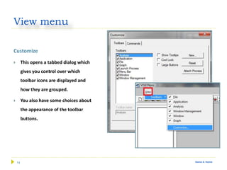 14 Gamal A. Hamid
View menu
Customize
 This opens a tabbed dialog which
gives you control over which
toolbar icons are displayed and
how they are grouped.
 You also have some choices about
the appearance of the toolbar
buttons.
 