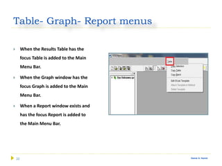 22 Gamal A. Hamid
Table- Graph- Report menus
 When the Results Table has the
focus Table is added to the Main
Menu Bar.
 When the Graph window has the
focus Graph is added to the Main
Menu Bar.
 When a Report window exists and
has the focus Report is added to
the Main Menu Bar.
 