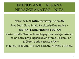 IMENOVANJE ALKANA
NERAZGRANATOG NIZA
Nazivi svih ALKANA završavaju se na AN
Prva četiri člana imaju karakteristične nazive –
METAN, ETAN, PROPAN i BUTAN
Nazivi ostalih članova homologog niza nastaju tako što
se na naziv broja ugljenikovih atoma u alkanu na
grčkom, doda nastavak AN –
PENTAN, HEKSAN, HEPTAN, OKTAN, NONAN i DEKAN.
11
 
