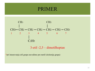 PRIMER
CH3 CH3
│ │
CH3─ CH2 ─ CH2 ─ CH2 ─ CH2 ─ CH2 ─ CH3
1 2 3 4 5 6 7
│
C2H5
3-etil -2,5 – dimetilheptan
*pri imenovanju etil grupu navodimo pre metil (složenija grupa)
17
 