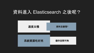 資料進入 Elasticsearch 之後呢？
速度太慢 資料怎麼管?
儲存空間不夠
系統資源吃好兇
 