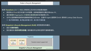 使用 Transform (ES 7.2 推出) 將資料以另外的分析結果來儲存：
● 將資料以 Pivot 的方式進行分析運算、並將結果儲存在獨立的Index 中。
● 適合複雜的 Aggregation 的運算及彙總報表的定期處理工作。
● 也可以這個機制從查詢的彙總結果建立成Index，並當作 Ingest 處理時 Enrich 資料的 Lookup Data Source。
=> 每月營銷報表、每月產品銷量分析、每日影片播放量
使用 Snapshot Lifecycle Management (SLM) 來管理資料的備份。
● 設定 定期的備份。
● 設定備份的 保存時間及數量，確保備份所佔用的空間不會無限增長。
 