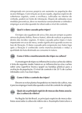 127
nitrogenada em excesso propicia um aumento na população dos
ácaros fitófagos. Com relação ao ácaro-rajado, algumas espécies de
coberturas vegetais, como a ervilhaca, cultivadas no interior do
vinhedo, podem ser fonte de infestação. Depois de adotadas essas
medidas preventivas, deve-se monitorar semanalmente o vinhedo e
empregar acaricidas quando for observado o nível de controle.
Qual é o dano causado pelos tripes?
Os tripes são sugadores de seiva. Eles atacam sempre as partes
aéreas da planta (folhas, flores e frutos), além de realizar as posturas
dentro dos tecidos vegetais. O dano causado pelos tripes é mais
importante em uvas de mesa, sendo significativo quando ocorre na
fase de floração. O dano causado pela oviposição nos frutos logo
após a floração é conhecido como mancha-areolada e reduz a
qualidade da fruta destinada ao consumo in natura.
Como é feito o monitoramento dos tripes na cultura?
A amostragem de tripes na inflorescência e/ou cachos da videira
é feita do seguinte modo: batem-se as inflorescências e/ou cachos
sobre uma superfície branca (papel ou bandeja plástica) para a
avaliação da população. O nível de controle é de 20 % de cachos
infestados com 2 ou mais tripes.
Como é feito o controle dos tripes?
Devem-se evitar plantas hospedeiras no interior do cultivo, mas
é preciso empregar inseticidas quando o nível de controle for atingido.
Quais são as principais espécies de moscas-das-frutas associa-
das à cultura da videira?
Na Região Sul do Brasil, as principais espécies de mosca-das-
frutas associadas à cultura da videira são a Anastrepha fraterculus e a
307
308
309
310
 