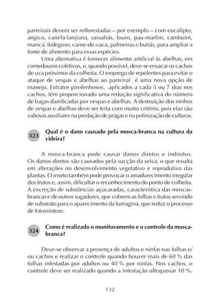 132
parreirais devem ser reflorestadas – por exemplo – com eucalipto,
angico, canela-lanjiana, sassafrás, louro, pau-marfim, cambuim,
maricá, fedegoso, carne-de-vaca, palmeiras e butiás, para ampliar a
fonte de alimento para essas espécies.
Uma alternativa é fornecer alimento artificial às abelhas, em
comedouros coletivos, e, quando possível, deve-se ensacar os cachos
de uva próximos da colheita. O emprego de repelentes para evitar o
ataque de vespas e abelhas ao parreiral é uma nova opção de
manejo. Extratos pirolenhosos, aplicados a cada 5 ou 7 dias nos
cachos, têm proporcionado uma redução significativa do número
de bagas danificadas por vespas e abelhas. A destruição dos ninhos
de vespas e abelhas deve ser feita com muito critério, pois elas são
valiosas auxiliares na predação de pragas e na polinização de culturas.
Qual é o dano causado pela mosca-branca na cultura da
videira?
A mosca-branca pode causar danos diretos e indiretos.
Os danos diretos são causados pela sucção da seiva, o que resulta
em alterações no desenvolvimento vegetativo e reprodutivo das
plantas. O inseto também pode provocar o amadurecimento irregular
dos frutos e, assim, dificultar o reconhecimento do ponto de colheita.
A excreção de substâncias açucaradas, característica das moscas-
brancas e de outros sugadores, que cobrem as folhas e frutos servindo
de substrato para o aparecimento da fumagina, que reduz o processo
de fotossíntese.
Como é realizado o monitoramento e o controle da mosca-
branca?
Deve-se observar a presença de adultos e ninfas nas folhas e/
ou cachos e realizar o controle quando houver mais de 60 % das
folhas infestadas por adultos ou 40 % por ninfas. Nos cachos, o
controle deve ser realizado quando a infestação ultrapassar 10 %.
323
324
 