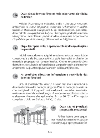 136
Quais são as doenças fúngicas mais importantes da videira
no Brasil?
Míldio (Plasmopara viticola), oídio (Uncinula necator),
antracnose (Elsinoe ampelina), escoriose (Phomopsis viticola),
fusariose (Fusarium oxysporum f. sp. herbemontis), podridão-
descendente (Botryosphaeria, Eutypa, Phomopsis), podridão-cinzenta
(Botryotinia fuckeliana), podridão-da-uva-madura (Glomerella
cingulata) e podridão-amarga (Melanconium fuligineum).
O que fazer para evitar o aparecimento de doenças fúngicas
no parreiral?
Inicialmente, deve-se adquirir mudas ou estacas de sanidade
comprovada e de boa procedência, pois isso evita o plantio de
materiais propagativos contaminados. Outras recomendações:
destruir restos culturais infectados; realizar poda verde, para melhor
arejamento da planta; e pulverizar com caldas antifúngicas.
As condições climáticas influenciam a severidade das
doenças fúngicas?
Sim. O molhamento foliar é o fator que mais influencia o
desenvolvimento das doenças fúngicas. Para as doenças da videira,
com exceção do oídio, quanto maior a duração do molhamento foliar,
maior será a severidade das doenças. A temperatura acelera ou retarda
o desenvolvimento das epidemias. Ex.: a 20 o
C, a Plasmopara
completa o ciclo em 5 dias; a 14 o
C, 10 dias.
326
Quais são os principais
sintomas da antracnose?
Folhas jovens com peque-
nas manchas castanho-escuras e
circulares, que apresentam defor-
327
328
329
 