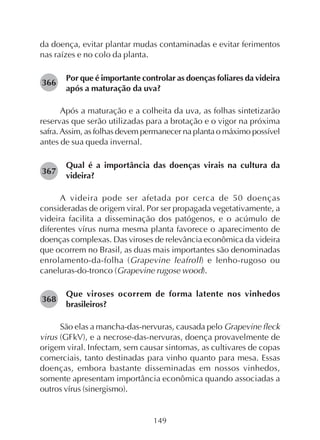149
da doença, evitar plantar mudas contaminadas e evitar ferimentos
nas raízes e no colo da planta.
Por que é importante controlar as doenças foliares da videira
após a maturação da uva?
Após a maturação e a colheita da uva, as folhas sintetizarão
reservas que serão utilizadas para a brotação e o vigor na próxima
safra. Assim, as folhas devem permanecer na planta o máximo possível
antes de sua queda invernal.
Qual é a importância das doenças virais na cultura da
videira?
A videira pode ser afetada por cerca de 50 doenças
consideradas de origem viral. Por ser propagada vegetativamente, a
videira facilita a disseminação dos patógenos, e o acúmulo de
diferentes vírus numa mesma planta favorece o aparecimento de
doenças complexas. Das viroses de relevância econômica da videira
que ocorrem no Brasil, as duas mais importantes são denominadas
enrolamento-da-folha (Grapevine leafroll) e lenho-rugoso ou
caneluras-do-tronco (Grapevine rugose wood).
Que viroses ocorrem de forma latente nos vinhedos
brasileiros?
São elas a mancha-das-nervuras, causada pelo Grapevine fleck
virus (GFkV), e a necrose-das-nervuras, doença provavelmente de
origem viral. Infectam, sem causar sintomas, as cultivares de copas
comerciais, tanto destinadas para vinho quanto para mesa. Essas
doenças, embora bastante disseminadas em nossos vinhedos,
somente apresentam importância econômica quando associadas a
outros vírus (sinergismo).
366
367
368
 