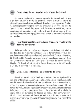 150
Quais são os danos causados pelas viroses da videira?
As viroses afetam severamente a produção, a qualidade da uva
e podem causar a morte de plantas jovens e adultas, além de
diminuírem sensivelmente a vida útil dos vinhedos (degenerescência).
As perdas podem chegar a 70 % da produção e a 4 o
Brix do teor de
açúcar da uva. No vinho, além de baixar o teor alcoólico, causa
acentuada diminuição na intensidade de cor dos tintos. Além disso,
as viroses interferem no pegamento da enxertia e no enraizamento
das mudas.
Quantos vírus estão envolvidos na doença do enrolamento
da folha da videira?
Já foram isolados 11 vírus, sorologicamente distintos, associados
aos tecidos de videiras afetadas e são denominados vírus-do-
enrolamento-da-folha-da-videira (Grapevine leafroll associated virus,
GLRaV-1 a -11). Dessa forma, essa virose é causada por um complexo
viral, embora cada um dos vírus possa ocorrer de forma isolada.
Os vírus GLRaV-1, -2, -3, -5 e -6 já foram detectados no Brasil, sendo
o GLRaV-3 o de maior incidência.
Quais são os sintomas do enrolamento-da-folha?
Os sintomas são reconhecidos em cultivares européias (Vitis
vinifera) tintas e brancas, em especial no fim do ciclo vegetativo, pelo
enrolamento dos bordos da folha para baixo. Nas viníferas tintas,
o limbo adquire uma coloração vermelho-violácea, e o tecido ao
longo das nervuras principais permanece verde. Nas viníferas brancas
infectadas, o limbo toma uma leve coloração amarelo-pálida, às
vezes mais pronunciada no tecido ao longo das nervuras prin-
cipais. Nas cultivares viníferas, o tecido das folhas infectadas é
rugoso, quebradiço e de consistência mais grossa do que nas folhas
sadias.
369
371
370
 
