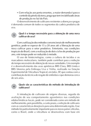 17
• Com relação aos porta-enxertos, a maior demanda é para o
controle da pérola-da-terra, praga que tem inviabilizado áreas
de produção no Sul do País.
O desenvolvimento de cultivares resistentes a doenças e pragas
é demanda comum de todos os segmentos da cadeia produtiva de
uva.
Qual é o tempo necessário para a obtenção de uma nova
cultivar de uva?
Com a utilização dos métodos convencionais de melhoramento
genético, pode-se esperar de 15 a 20 anos até a liberação de uma
nova cultivar para o setor produtivo. Entretanto, nas condições
tropicais do Brasil, com a realização de dois ciclos de produção por
ano, este tempo pode ser reduzido à metade.
O uso de biotecnologias, como a cultura de tecidos e os
marcadores moleculares, também pode contribuir para a redução
do tempo necessário de obtenção de novas variedades. Um exemplo
é o desenvolvimento das uvas apirênicas BRS Clara, BRS Linda e
BRS Morena pela Embrapa Uva e Vinho, realizado na Estação
Experimental de Viticultura Tropical, em Jales, SP, que contou com a
contribuição da técnica de resgate de embriões e que demorou cerca
de seis anos.
Quais são as características do método de introdução de
cultivares?
A introdução de cultivares de origens diversas, seguida da
avaliação de seu comportamento agronômico nas condições
edafoclimáticas locais, pode ser considerada como um método de
melhoramento, pois possibilita, a curto prazo, a seleção de cultivares
com as características desejáveis para uma determinada região. Esse
método foi particularmente importante para os novos países vitícolas,
como o Brasil, onde a viticultura se desenvolveu com base em
4
3
 