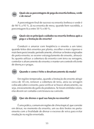 55
Quais são as porcentagens de pega da enxertia lenhosa, verde
e de mesa?
A porcentagem final de sucesso na enxertia lenhosa e verde é
de 90 % a 95 %. Já na enxertia de mesa, quando bem sucedida, a
porcentagem fica entre 50 % e 80 %.
Quais são os principais cuidados na enxertia lenhosa após a
pega e a brotação do enxerto?
Conduzir e amarrar com freqüência o enxerto a um tutor;
quando feitos dois enxertos por planta, escolher o mais vigoroso e
mais bem posicionado; periodicamente, eliminar os brotos originados
do porta-enxerto; se ocorrer estrangulamento do enxerto, afrouxá-
lo; quanto utilizar a cobertura da enxertia com terra ou serragem,
controlar o afrancamento do enxerto; e manter um controle eficiente
de doenças e pragas.
Quando e como é feito o desafrancamento da muda?
Em regiões temperadas, quando a brotação do enxerto atingir
cerca de 30 cm, remover a cobertura de terra, areia ou serragem
colocada sobre o enxerto, para verificar se houve afrancamento, ou
seja, enraizamento do garfo da produtora. Se foram emitidas raízes,
elas devem ser cortadas com tesoura ou canivete.
Que são drenos e qual sua função na enxertia?
É uma prática, comum em regiões de clima tropical, que consiste
em deixar, no momento da enxertia, um ou dois brotos no porta-
enxerto com a finalidade de drenar o excesso de seiva para evitar
exudação na região enxertada.
99
100
101
102
 