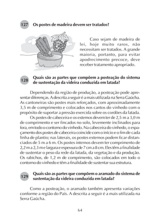 64
Os postes de madeira devem ser tratados?127
128
129
Caso sejam de madeira de
lei, hoje muito raros, não
necessitam ser tratados. A grande
maioria, portanto, para evitar
apodrecimento precoce, deve
receber tratamento apropriado.
Quais são as partes que compõem a posteação do sistema
de sustentação da videira conduzida em latada?
Dependendo da região de produção, a posteação pode apre-
sentar diferenças. A descrita a seguir é a mais utilizada na Serra Gaúcha.
As cantoneiras são postes mais reforçados, com aproximadamente
3,5 m de comprimento e colocados nos cantos do vinhedo com o
propósito de suportar a pressão exercida sobre os cordões da latada.
Os postes de cabeceira e os externos devem ter de 2,5 m a 3,0 m
de comprimento e ser fincados no solo, levemente inclinados para
fora, em todo o contorno do vinhedo. Na cabeceira do vinhedo, o espa-
çamento dos postes de cabeceira coincide com o início e o fim de cada
linha de plantio; nas laterais, os postes externos podem ficar distan-
ciados de 5 m a 6 m. Os postes internos devem ter comprimento de
2,2ma2,3melarguraeespessurade7cma8cm.Elestêma finalidade
de sustentar o peso da rede da latada, da vegetação e da produção.
Os rabichos, de 1,2 m de comprimento, são colocados em todo o
contorno do vinhedo e têm a finalidade de sustentar sua estrutura.
Quais são as partes que compõem o aramado do sistema de
sustentação da videira conduzida em latada?
Como a posteação, o aramado também apresenta variações
conforme a região do País. A descrita a seguir é a mais utilizada na
Serra Gaúcha.
 