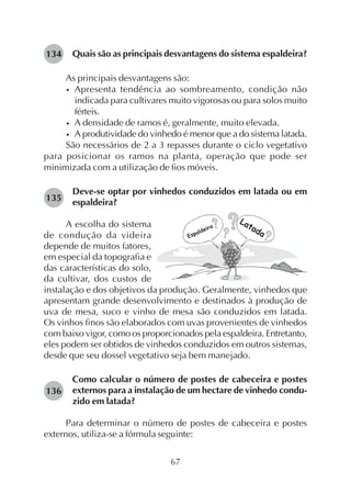 67
Quais são as principais desvantagens do sistema espaldeira?
As principais desvantagens são:
• Apresenta tendência ao sombreamento, condição não
indicada para cultivares muito vigorosas ou para solos muito
férteis.
• A densidade de ramos é, geralmente, muito elevada.
• A produtividade do vinhedo é menor que a do sistema latada.
São necessários de 2 a 3 repasses durante o ciclo vegetativo
para posicionar os ramos na planta, operação que pode ser
minimizada com a utilização de fios móveis.
Deve-se optar por vinhedos conduzidos em latada ou em
espaldeira?
134
135
A escolha do sistema
de condução da videira
depende de muitos fatores,
em especial da topografia e
das características do solo,
da cultivar, dos custos de
instalação e dos objetivos da produção. Geralmente, vinhedos que
apresentam grande desenvolvimento e destinados à produção de
uva de mesa, suco e vinho de mesa são conduzidos em latada.
Os vinhos finos são elaborados com uvas provenientes de vinhedos
com baixo vigor, como os proporcionados pela espaldeira. Entretanto,
eles podem ser obtidos de vinhedos conduzidos em outros sistemas,
desde que seu dossel vegetativo seja bem manejado.
Como calcular o número de postes de cabeceira e postes
externos para a instalação de um hectare de vinhedo condu-
zido em latada?
Para determinar o número de postes de cabeceira e postes
externos, utiliza-se a fórmula seguinte:
136
 