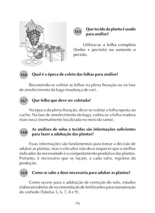 79
Que tecido da planta é usado
para análise?
Utiliza-se a folha completa
(limbo + pecíolo) ou somente o
pecíolo.
166
167
168
165
Qual é a época de coleta das folhas para análise?
Recomenda-se coletar as folhas na plena floração ou na fase
de amolecimento da baga (mudança de cor).
Que folha que deve ser coletada?
Na época da plena floração, deve-se coletar a folha oposta ao
cacho. Na fase de amolecimento da baga, coleta-se a folha madura
mais nova (normalmente localizada no meio do ramo).
As análises de solos e tecidos são informações suficientes
para fazer a adubação das plantas?
Essas informações são fundamentais para tomar a decisão de
adubar as plantas, mas o viticultor não deve esquecer que o melhor
indicador da necessidade é o comportamento produtivo das plantas.
Portanto, é necessário que se façam, a cada safra, registros da
produção.
Como se sabe a dose necessária para adubar as plantas?
Como ocorre para a adubação de correção do solo, estudos
elaboram tabelas de recomendação de fertilizantes para manutenção
do vinhedo (Tabelas 5, 6, 7, 8 e 9).
169
 