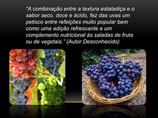 “A combinação entre a textura estaladiça e o 
sabor seco, doce e ácido, fez das uvas um 
petisco entre refeições muito popular bem 
como uma adição refrescante e um 
complemento nutricional às saladas de fruta 
ou de vegetais.” (Autor Desconhecido) 
