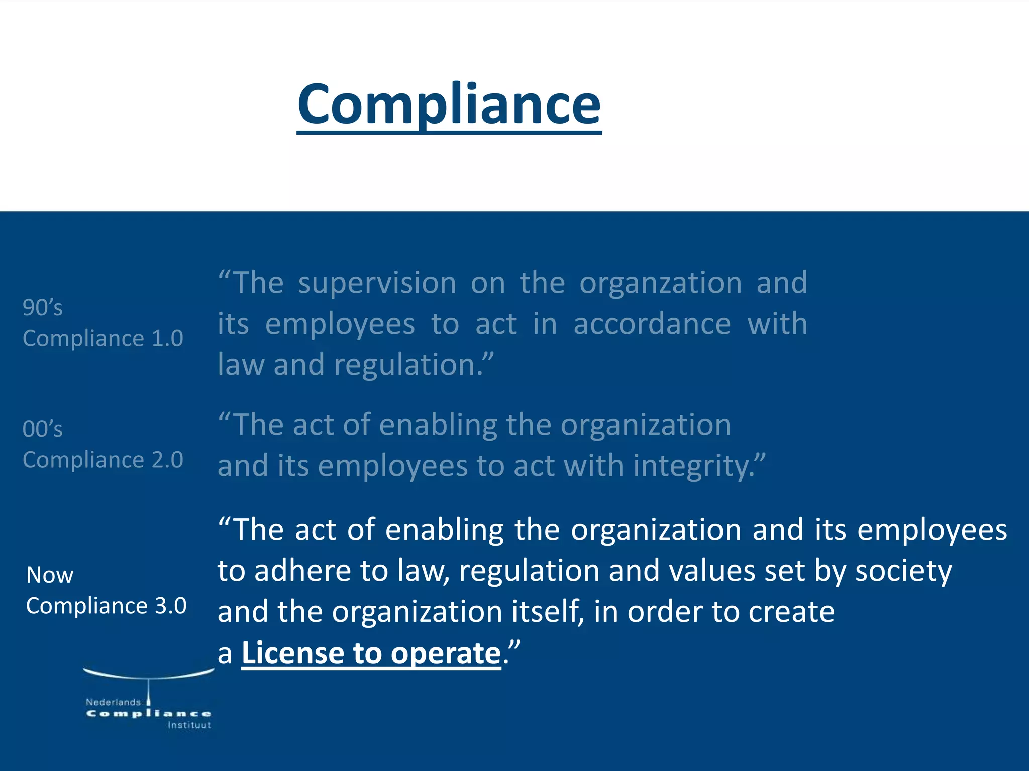 Compliance
“The act of enabling the organization and its employees
to adhere to law, regulation and values set by society
and the organization itself, in order to create
a License to operate.”
Now
Compliance 3.0
 