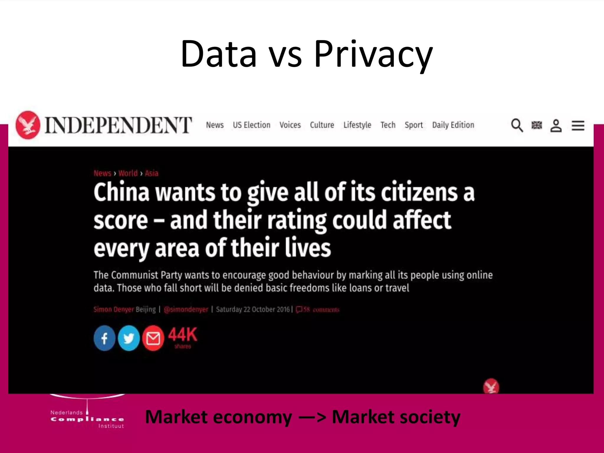 Data vs Privacy
Market economy —> Market society
 