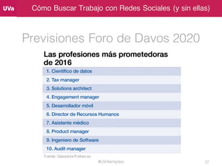 Cómo Buscar Trabajo con Redes Sociales (y sin ellas)
Previsiones Foro de Davos 2020
#UVAempleo 17
 
