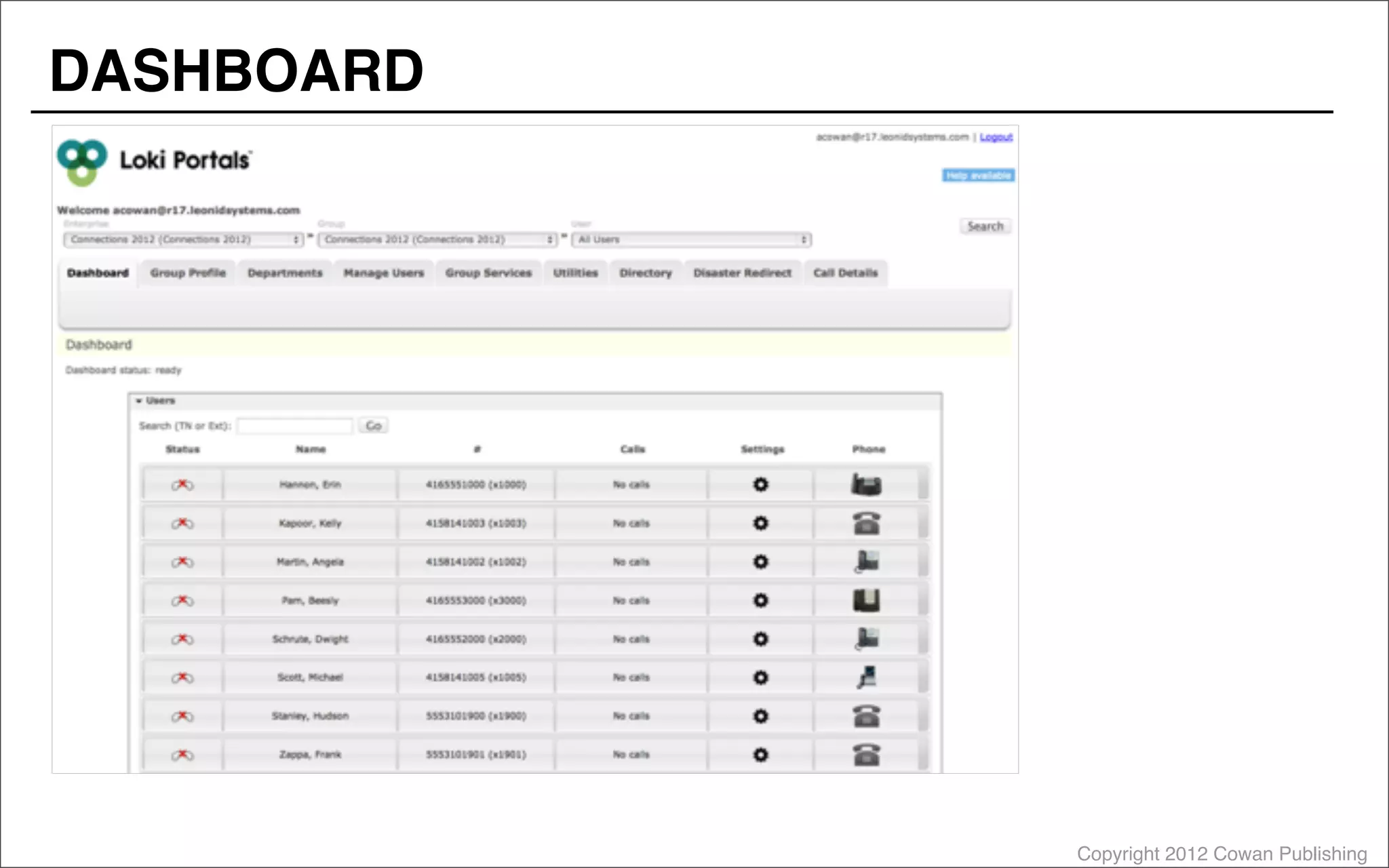 Copyright 2012 Cowan Publishing
DASHBOARD
 