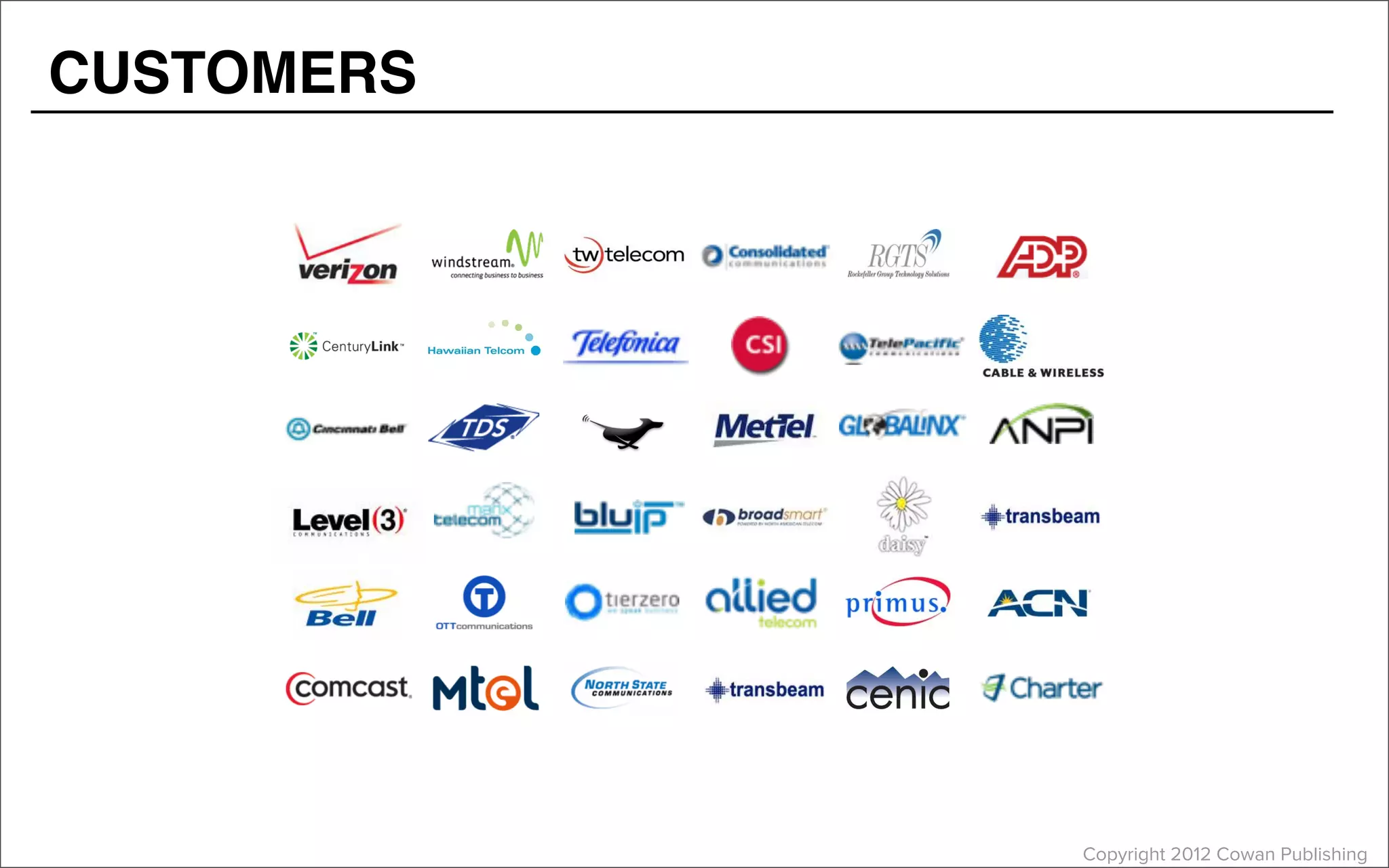 Copyright 2012 Cowan Publishing
CUSTOMERS
 