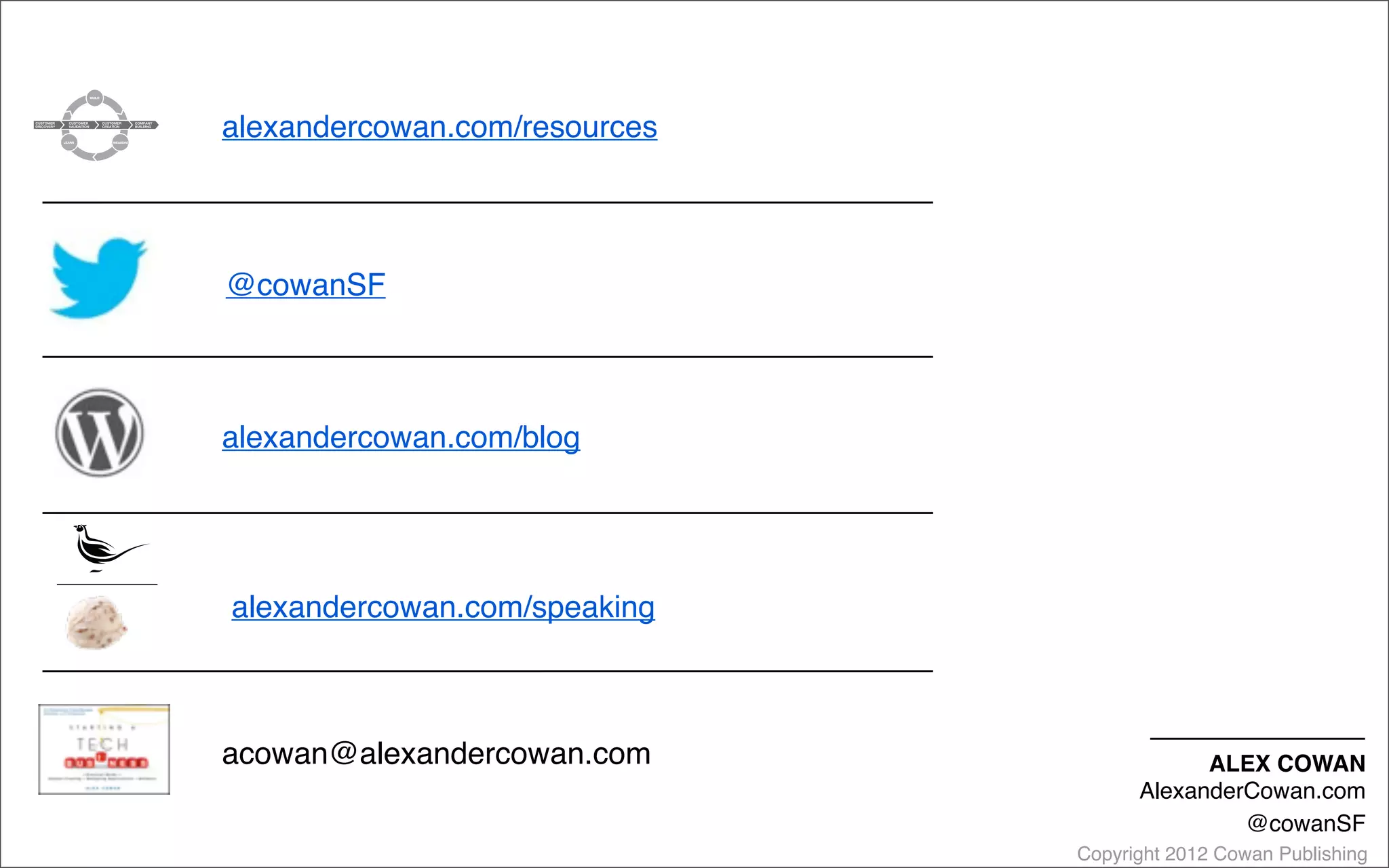 Copyright 2012 Cowan Publishing
@cowanSF
alexandercowan.com/blog
acowan@alexandercowan.com
alexandercowan.com/speaking
alexandercowan.com/resources
ALEX COWAN
AlexanderCowan.com
@cowanSF
 