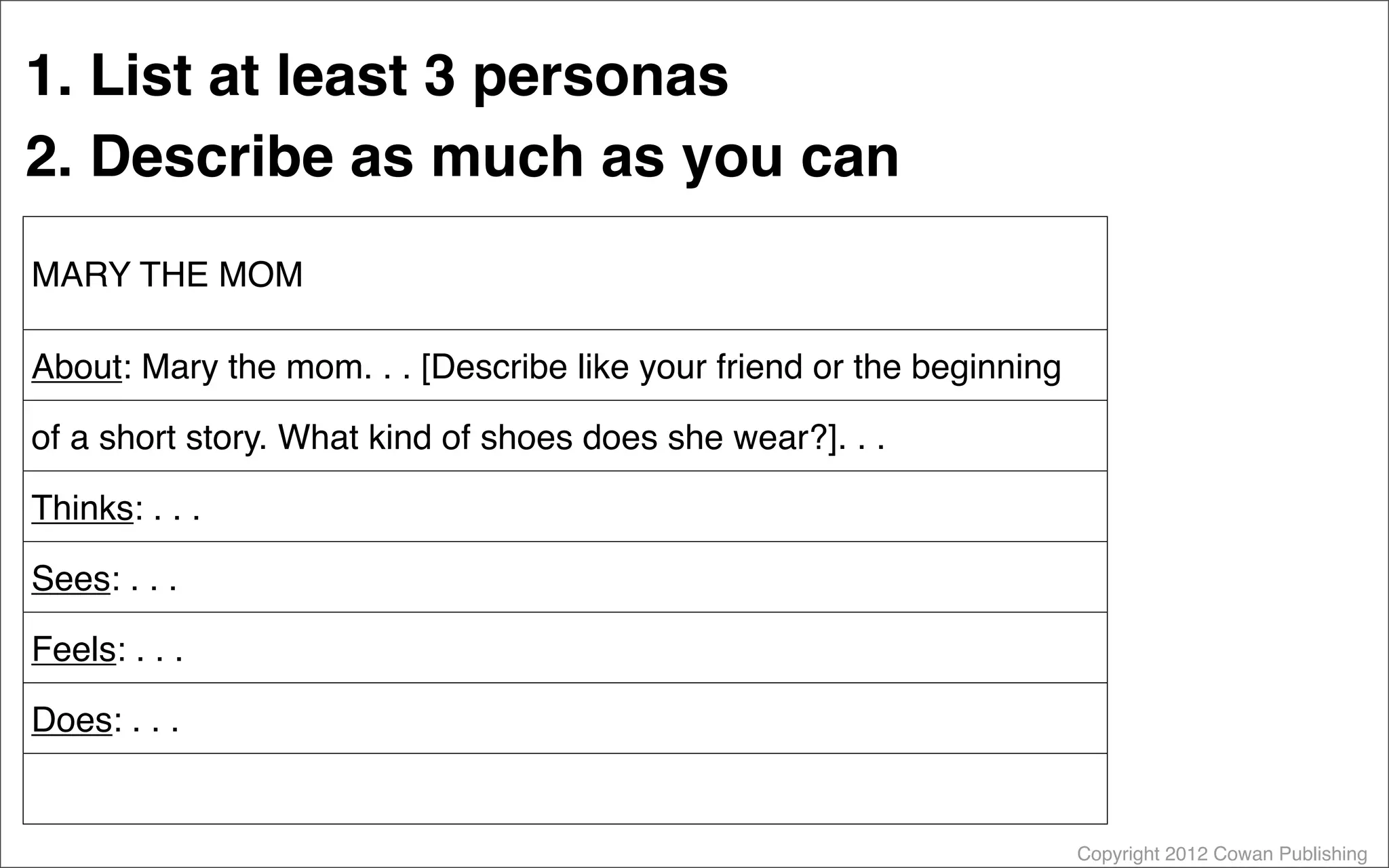 Copyright 2012 Cowan Publishing
MARY THE MOM
About: Mary the mom. . . [Describe like your friend or the beginning
of a short story. What kind of shoes does she wear?]. . .
Thinks: . . .
Sees: . . .
Feels: . . .
Does: . . .
1. List at least 3 personas
2. Describe as much as you can
 