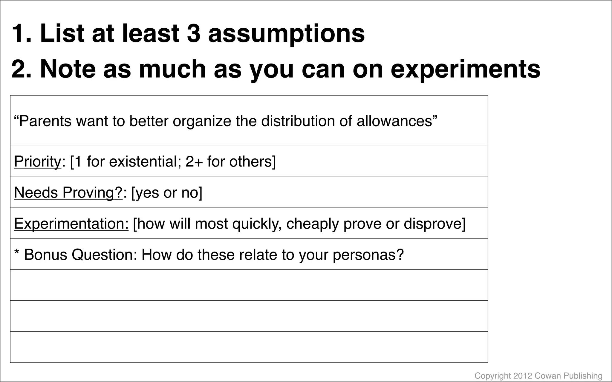 Copyright 2012 Cowan Publishing
“Parents want to better organize the distribution of allowances”
Priority: [1 for existential; 2+ for others]
Needs Proving?: [yes or no]
Experimentation: [how will most quickly, cheaply prove or disprove]
* Bonus Question: How do these relate to your personas?
1. List at least 3 assumptions
2. Note as much as you can on experiments
 