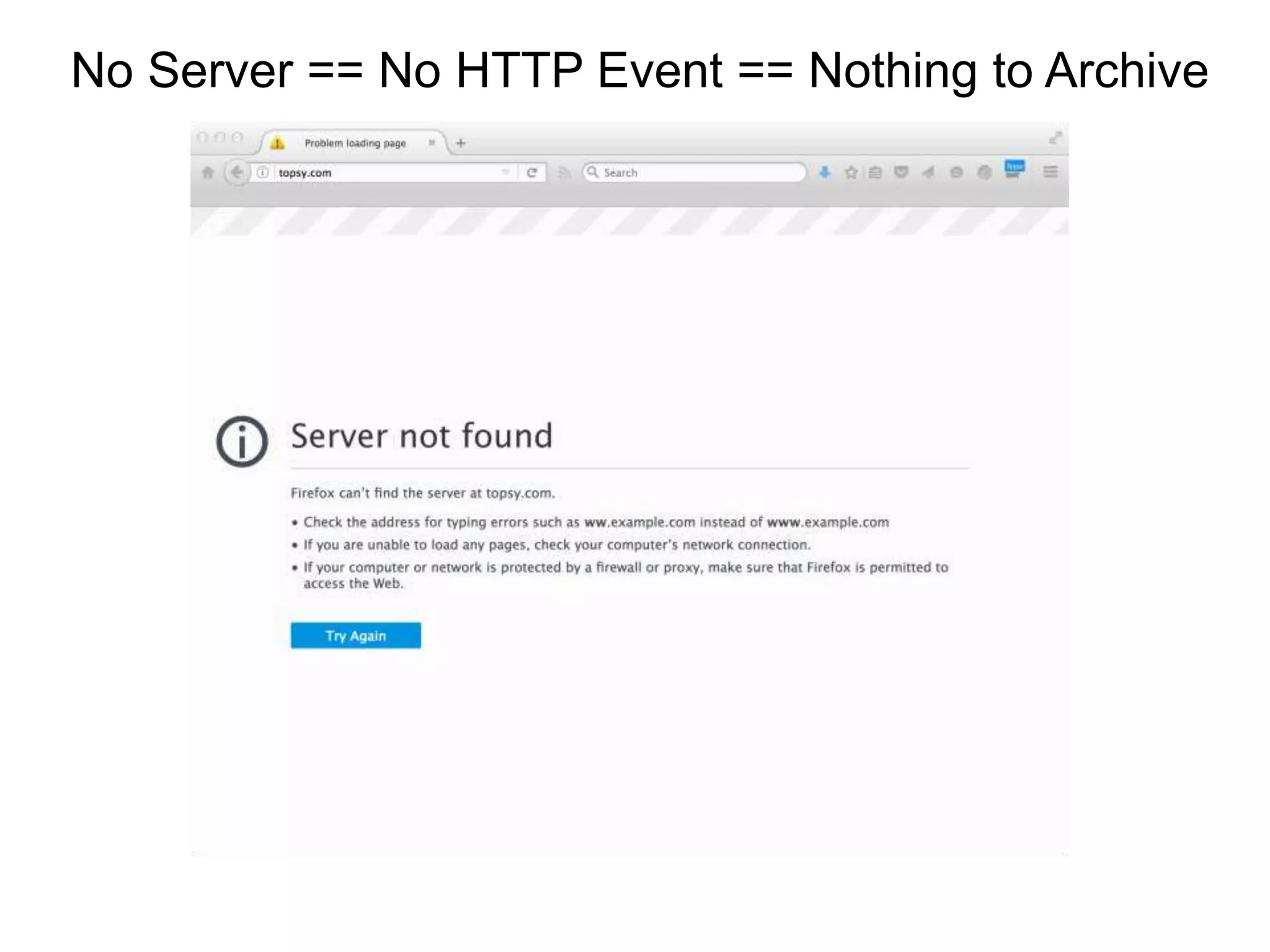 No Server == No HTTP Event == Nothing to Archive
http://topsy.com/http://twitpic.com/3uvo6z