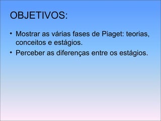 OBJETIVOS: Mostrar as várias fases de Piaget: teorias, conceitos e estágios. Perceber as diferenças entre os estágios. 