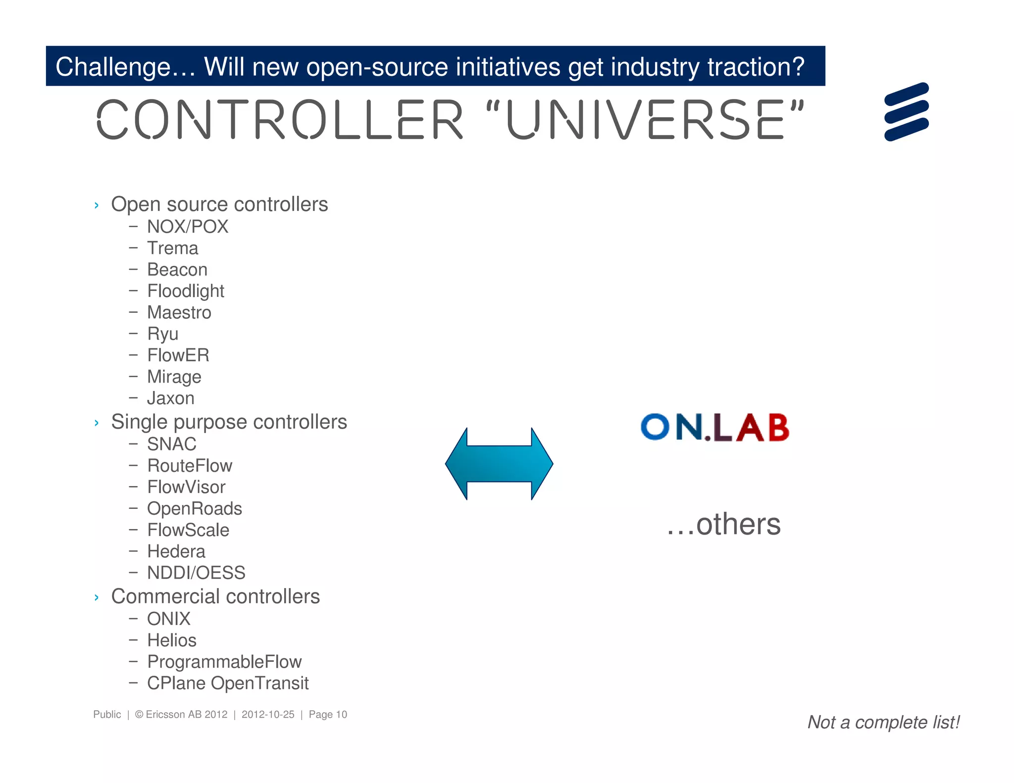 Public | © Ericsson AB 2012 | 2012-10-25 | Page 10
Controller “Universe”
› Open source controllers
– NOX/POX
– Trema
– Beacon
– Floodlight
– Maestro
– Ryu
– FlowER
– Mirage
– Jaxon
› Single purpose controllers
– SNAC
– RouteFlow
– FlowVisor
– OpenRoads
– FlowScale
– Hedera
– NDDI/OESS
› Commercial controllers
– ONIX
– Helios
– ProgrammableFlow
– CPlane OpenTransit
…others
Challenge… Will new open-source initiatives get industry traction?
Not a complete list!
 