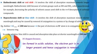  Bathochromic shift or red shift : It involves the shift of absorption maximum towards longer
wavelength. Bathochromic shift because of certain groups such as OH and NH2 called auxochromes
for example, decreasing the polarity of solvent causes ared shift in the π-π*absorption of carbonyl
compounds.
 Hypsochromic shift or blue shift : It involves the shift of absorption maximum toward shorter
wavelength and may be caused by removal of conjugation in a system or by change of solvent.
Eg. Aniline λ max at 280 nm because the pair of electrons on N+ atom is in conjugation take place
benzene ring.
In acidic solution. blue shift is caused and absorption take place at shorter wavelength at 200 nm.
It’s happen because ,
ion formed in acidic solution, the electron pair is no
longer present and hence conjugation is removed.
 