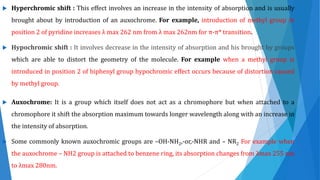  Hyperchromic shift : This effect involves an increase in the intensity of absorption and is usually
brought about by introduction of an auxochrome. For example, introduction of methyl group in
position 2 of pyridine increases λ max 262 nm from λ max 262nm for π-π* transition.
 Hypochromic shift : It involves decrease in the intensity of absorption and his brought by groups
which are able to distort the geometry of the molecule. For example when a methyl group is
introduced in position 2 of biphenyl group hypochromic effect occurs because of distortion caused
by methyl group.
 Auxochrome: It is a group which itself does not act as a chromophore but when attached to a
chromophore it shift the absorption maximum towards longer wavelength along with an increase in
the intensity of absorption.
 Some commonly known auxochromic groups are –OH-NH2,-or,-NHR and – NR2 For example when
the auxochrome – NH2 group is attached to benzene ring, its absorption changes from λmax 255 nm
to λmax 280nm.
 