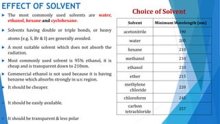 EFFECT OF SOLVENT
 The most commonly used solvents are water,
ethanol, hexane and cyclohexane.
 Solvents having double or triple bonds, or heavy
atoms (e.g. S, Br & I) are generally avoided.
 A most suitable solvent which does not absorb the
radiation.
 Most commonly used solvent is 95% ethanol, it is
cheap and is transparent down to 210nm.
 Commercial ethanol is not used because it is having
benzene which absorbs strongly in u.v. region.
 It should be cheaper.
 It should be easily available.
 It should be transparent & less polar
Solvent Minimum Wavelength (nm)
acetonitrile 190
water 205
hexane 210
methanol 210
ethanol 210
ether 215
methylene
chloride
220
chloroform 245
carbon
tetrachloride
257
Choice of Solvent
 