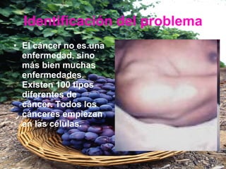 Identificación del problema El cáncer no es una enfermedad, sino más bien muchas enfermedades. Existen 100 tipos diferentes de cáncer. Todos los cánceres empiezan en las células.  