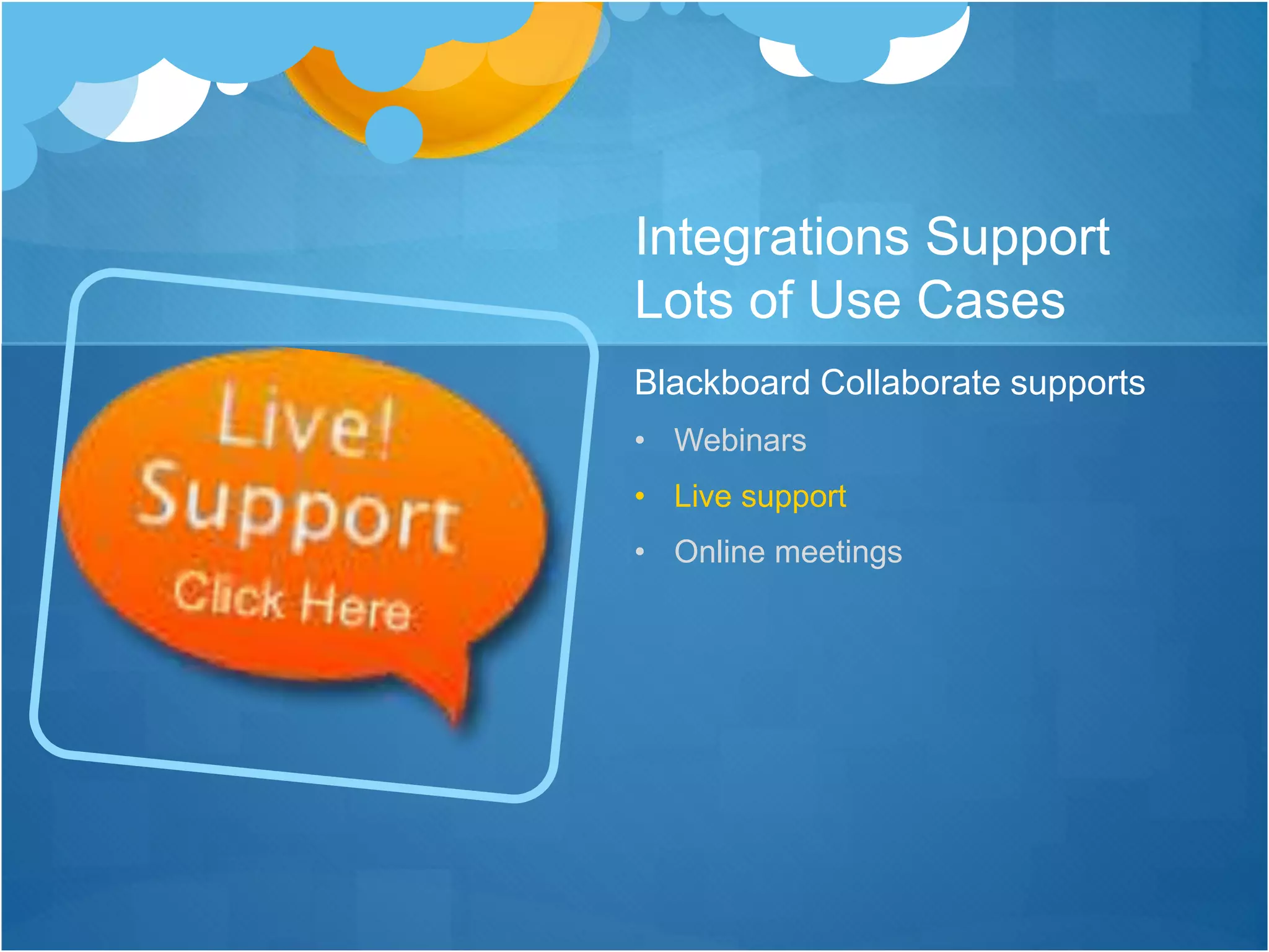 Integrations Support
Lots of Use Cases
Blackboard Collaborate supports
• Webinars
• Live support
• Online meetings
 