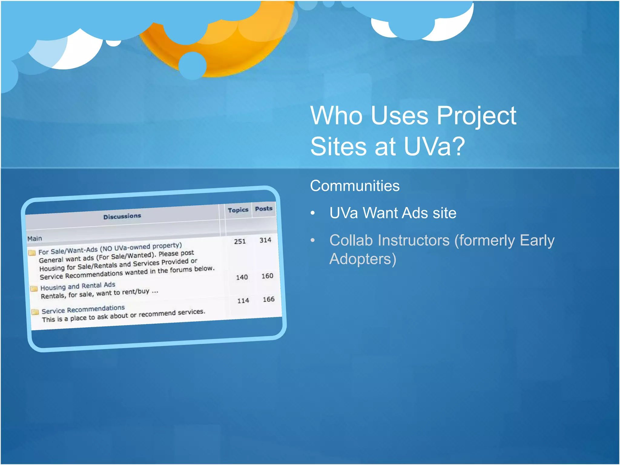 Who Uses Project
Sites at UVa?
Communities
• UVa Want Ads site
• Collab Instructors (formerly Early
Adopters)
 