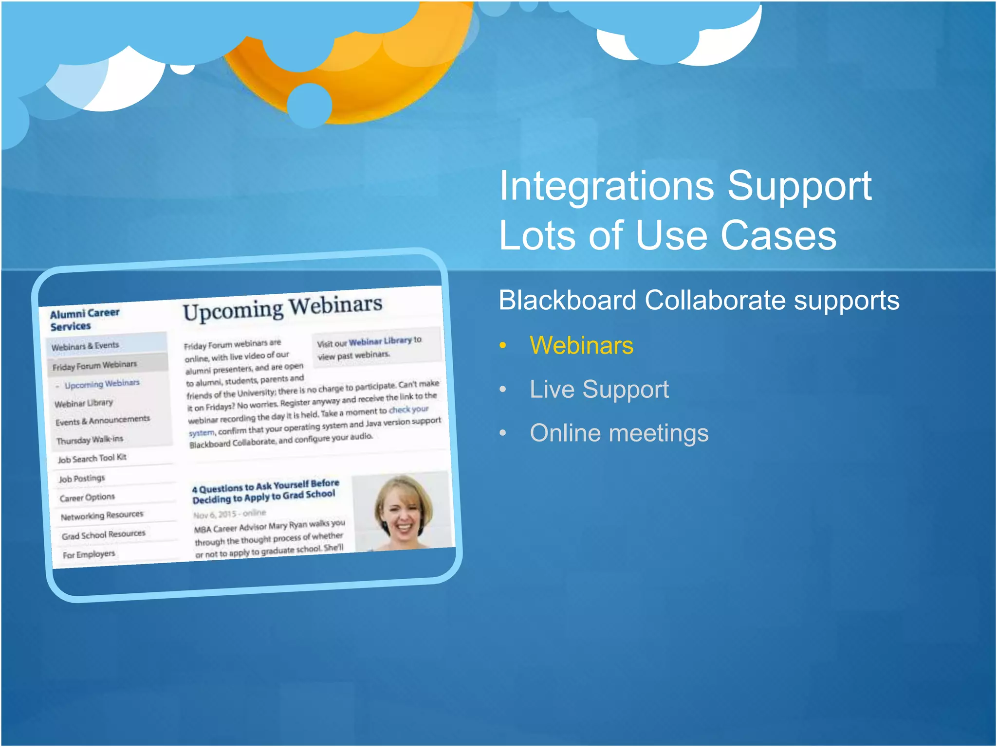 Integrations Support
Lots of Use Cases
Blackboard Collaborate supports
• Webinars
• Live Support
• Online meetings
 