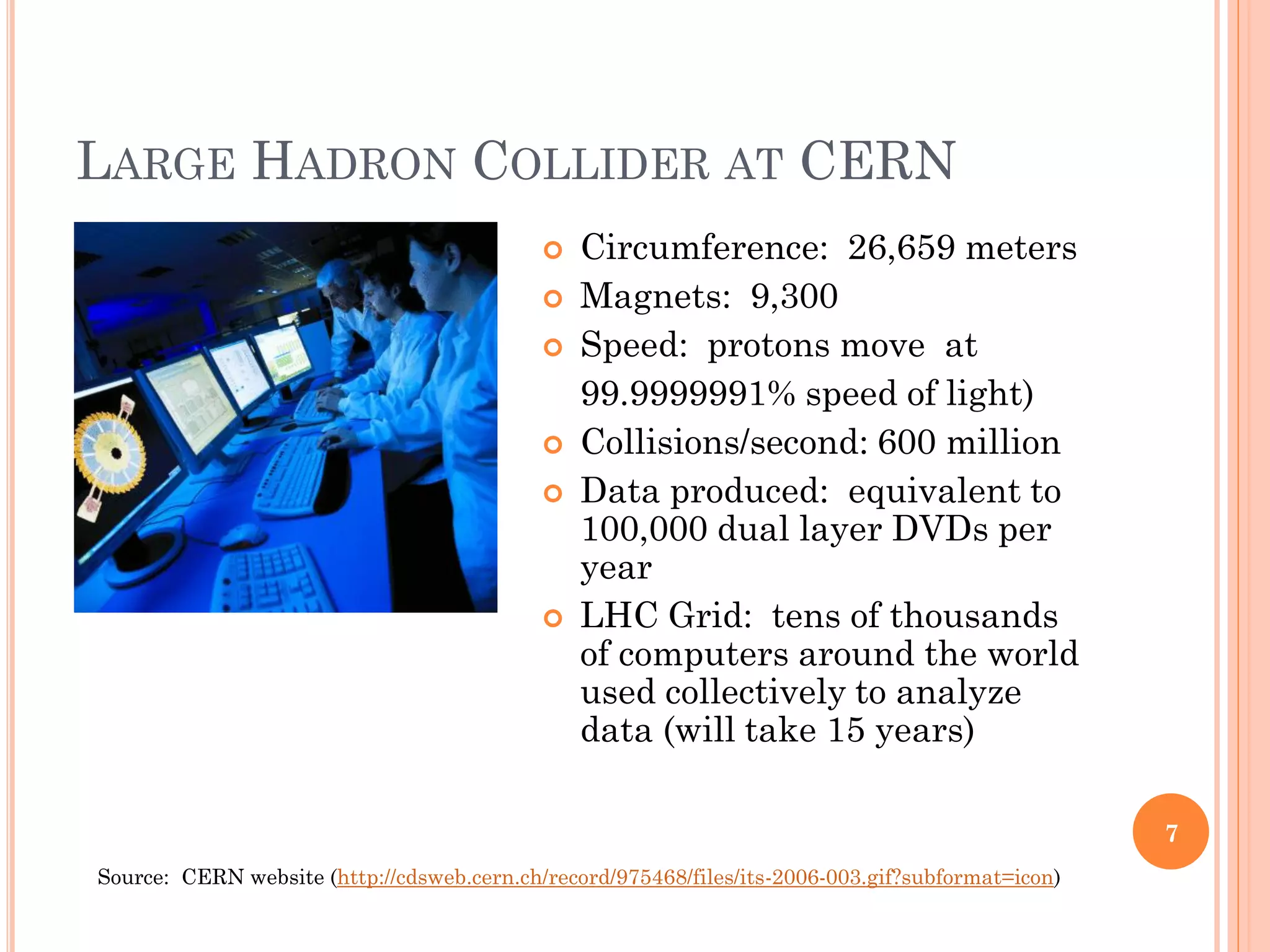 LARGE HADRON COLLIDER AT CERN
                                               Circumference: 26,659 meters
                                               Magnets: 9,300
                                               Speed: protons move at
                                                99.9999991% speed of light)
                                               Collisions/second: 600 million
                                               Data produced: equivalent to
                                                100,000 dual layer DVDs per
                                                year
                                               LHC Grid: tens of thousands
                                                of computers around the world
                                                used collectively to analyze
                                                data (will take 15 years)

                                                                                                   7
Source: CERN website (http://cdsweb.cern.ch/record/975468/files/its-2006-003.gif?subformat=icon)
 