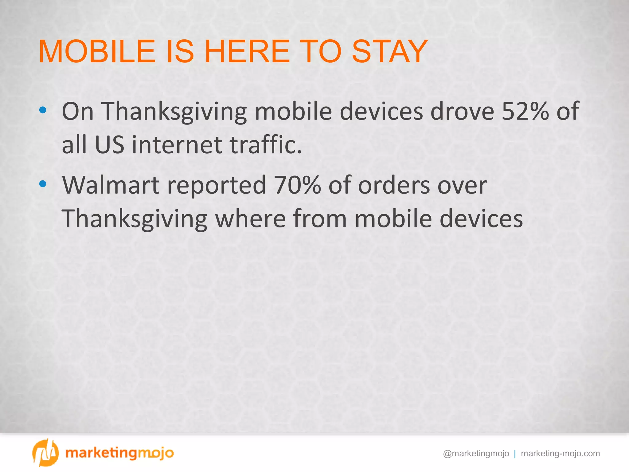 @marketingmojo | marketing-mojo.com
MOBILE IS HERE TO STAY
• On Thanksgiving mobile devices drove 52% of
all US internet traffic.
• Walmart reported 70% of orders over
Thanksgiving where from mobile devices
 
