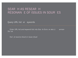 SEARCH AS RESEARCH -
RESONANCE OF ISSUES IN SOURCES
Query URL list for Keywords
1. Enter URL list and keyword list into Google Scraper aka Lippmannian
Device.
2. Output source cloud or issue cloud.
 