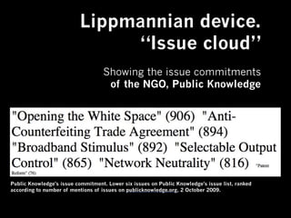 Lippmannian device.
“Issue cloud”
Showing the issue commitments
of the NGO, Public Knowledge
Public Knowledge's issue commitment. Lower six issues on Public Knowledge's issue list, ranked
according to number of mentions of issues on publicknowledge.org, 2 October 2009.
 