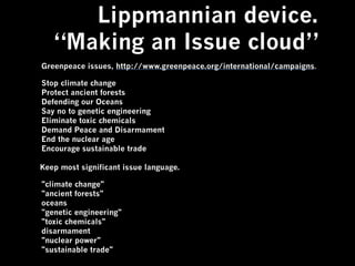 Lippmannian device.
“Making an Issue cloud”
Greenpeace issues, http://www.greenpeace.org/international/campaigns.
Stop climate change
Protect ancient forests
Defending our Oceans
Say no to genetic engineering
Eliminate toxic chemicals
Demand Peace and Disarmament
End the nuclear age
Encourage sustainable trade
Keep most significant issue language.
"climate change"
"ancient forests"
oceans
"genetic engineering"
"toxic chemicals"
disarmament
"nuclear power"
"sustainable trade"
 