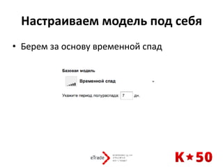 Настраиваем	модель	под	себя
• Берем	за	основу	временной	спад
 