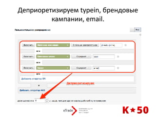 Деприоретизируем	typein,	брендовые	
кампании,	email.
 