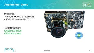 © 2020 Pony.AI
Augmented demo
39
Prototype:
- Single exposure mode CIS
- ISP: OnSemi AP0200
Target Platform:
OnSemi AP0300
CEVA XM-4 dsp
 