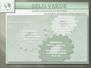 SUSTENTABILIDADE E O PROCESSOSUSTENTABILIDADE E O PROCESSO
DE PROJETO DE EDIFICAÇÕESAMBIENTALDE PROJETO DE EDIFICAÇÕESAMBIENTAL
7MsC Engenharia Civil & Especialista Eng. Urbana Arquiteta Urbanista Isabel Cristina Guerreiro FerreiraMsC Engenharia Civil & Especialista Eng. Urbana Arquiteta Urbanista Isabel Cristina Guerreiro Ferreira
 