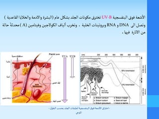 -‫اق‬‫ر‬‫اخت‬‫بحسب‬ ‫الجلد‬ ‫لطبقات‬ ‫البنفسجية‬ ‫ق‬‫فو‬‫األشعة‬‫ل‬‫الطو‬-
‫املوجي‬
‫البنفسجية‬‫فوق‬ ‫شعة‬
‫أ‬
‫ال‬UV-B‫عام‬ ‫بشكل‬ ‫الجلد‬‫مكونات‬‫ق‬‫تختر‬(‫الق‬‫والخاليا‬ ‫والدمة‬ ‫البشرة‬‫اعدية‬)
‫الى‬‫وتصل‬DNA‫و‬RNA، ‫الخلية‬‫تينات‬‫و‬‫وبر‬‫وفيتامين‬ ‫الكولجين‬‫لياف‬
‫أ‬
‫ا‬‫وتخرب‬A)(‫حالة‬ ً‫محدثة‬
‫الثارة‬‫من‬،‫فيها‬
 