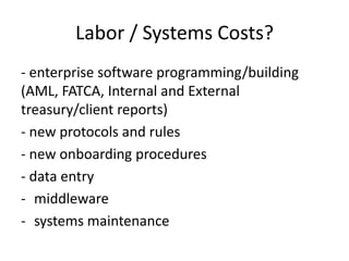 Labor / Systems Costs?
- enterprise software programming/building
(AML, FATCA, Internal and External
treasury/client reports)
- new protocols and rules
- new onboarding procedures
- data entry
- middleware
- systems maintenance

 